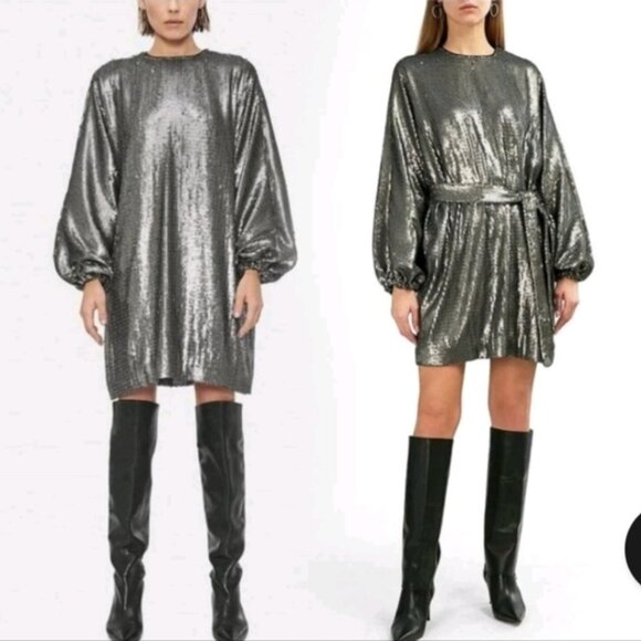 Anine Bing Angie Antique Silver Sequin Mini Dress Women's Cocktail Size XS - Picture 2 of 15